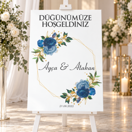 Mavi Çiçekli Düğün Karşılama Panosu 50×70 cm