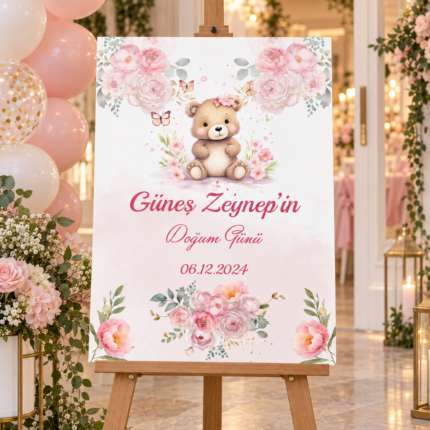 Pembe Ayıcıklı Doğum Günü Karşılama Panosu 50×70 cm